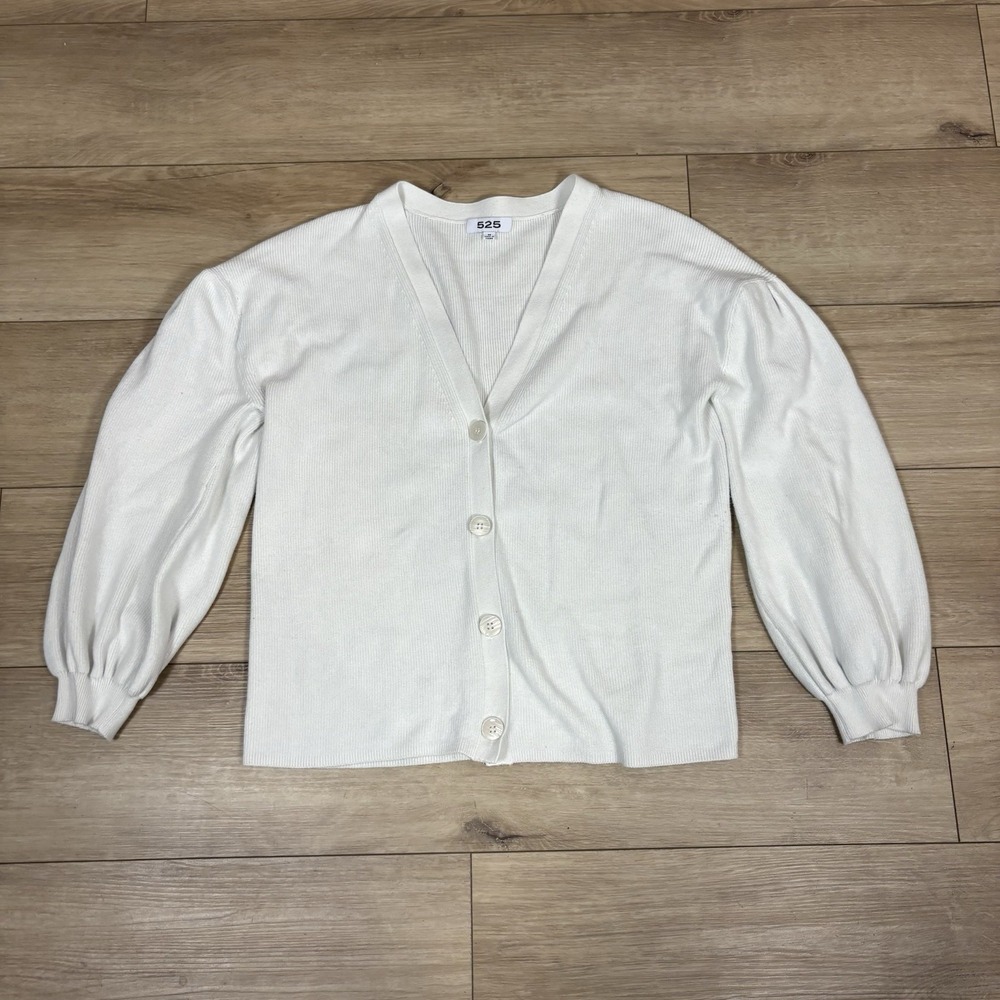 525 Womens White Ribbed Cotton V-Neck Long Sleeve Cardigan Sweater Top Size M
